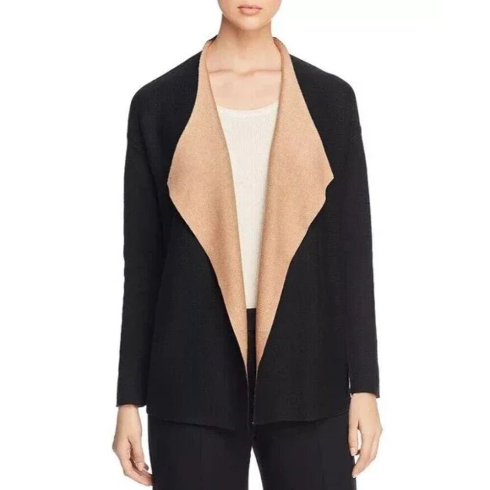 Eileen Fisher Black Tan Brown Silk Cotton Open Front Knit Cardigan Sweater